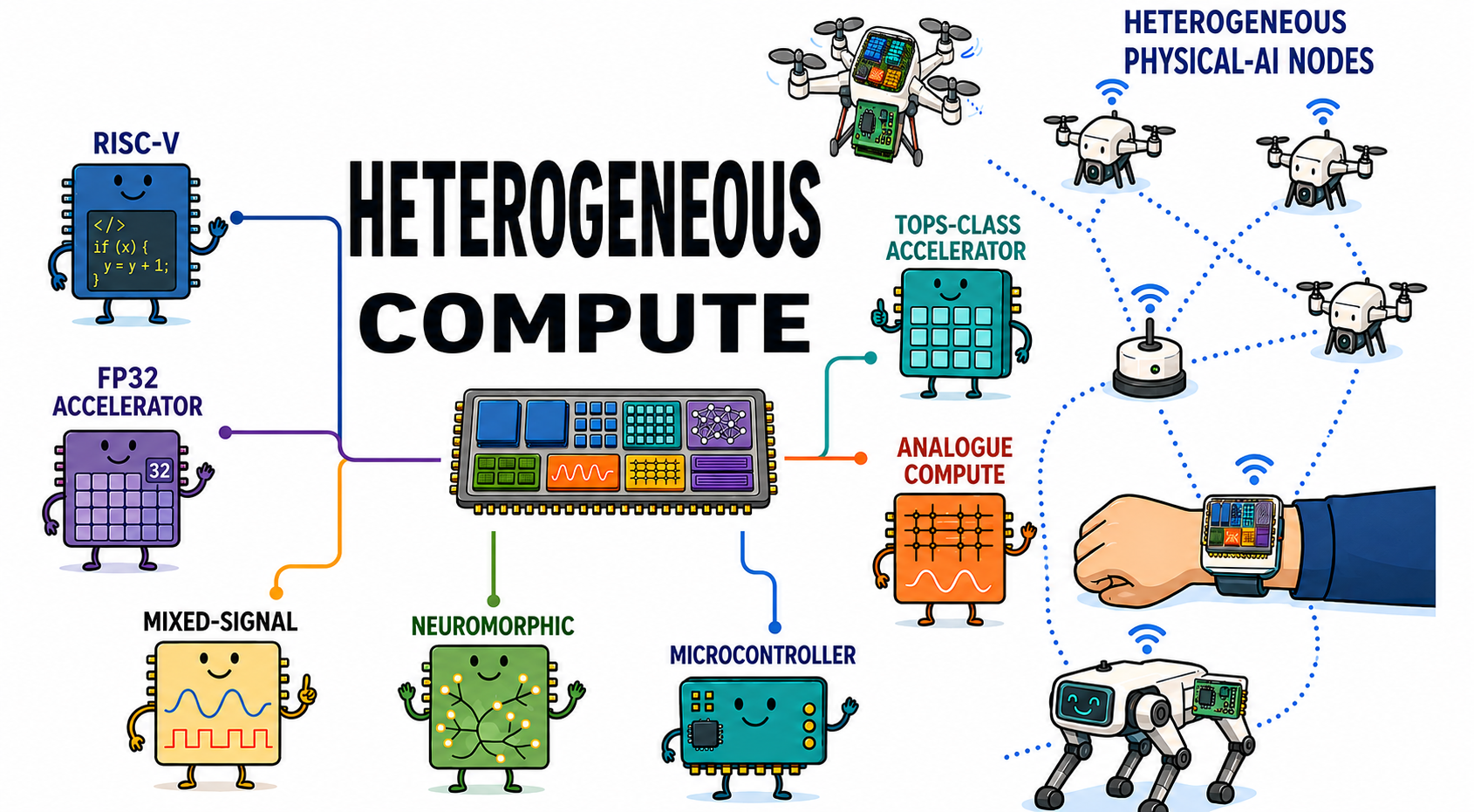 Heterogeneous processors and decentralised physical-AI nodes